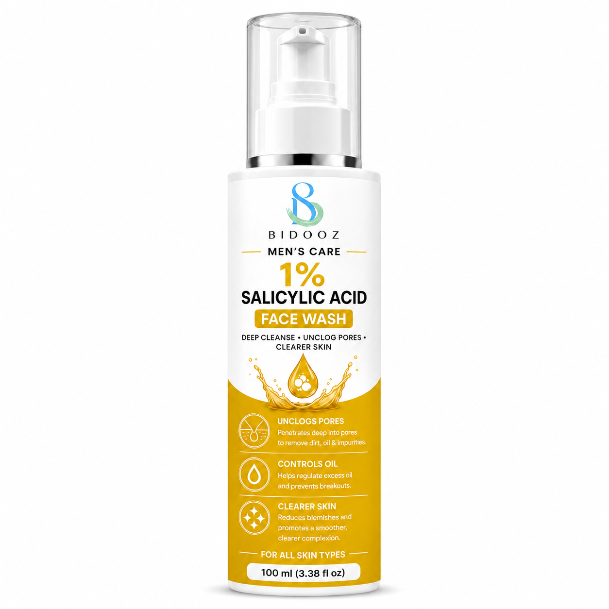BIDOOZ Men’s Care 1% Salicylic Acid Face Wash for Men, Deep Cleansing Facial Cleanser, Helps Remove Excess Oil, Refine Pore Appearance & Improve Skin Clarity, 100ml